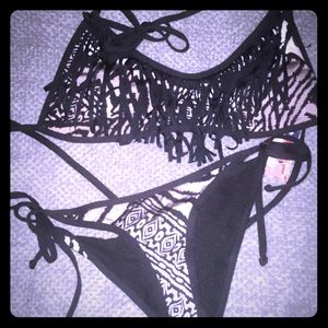 Tribal print two piece fringed bikini